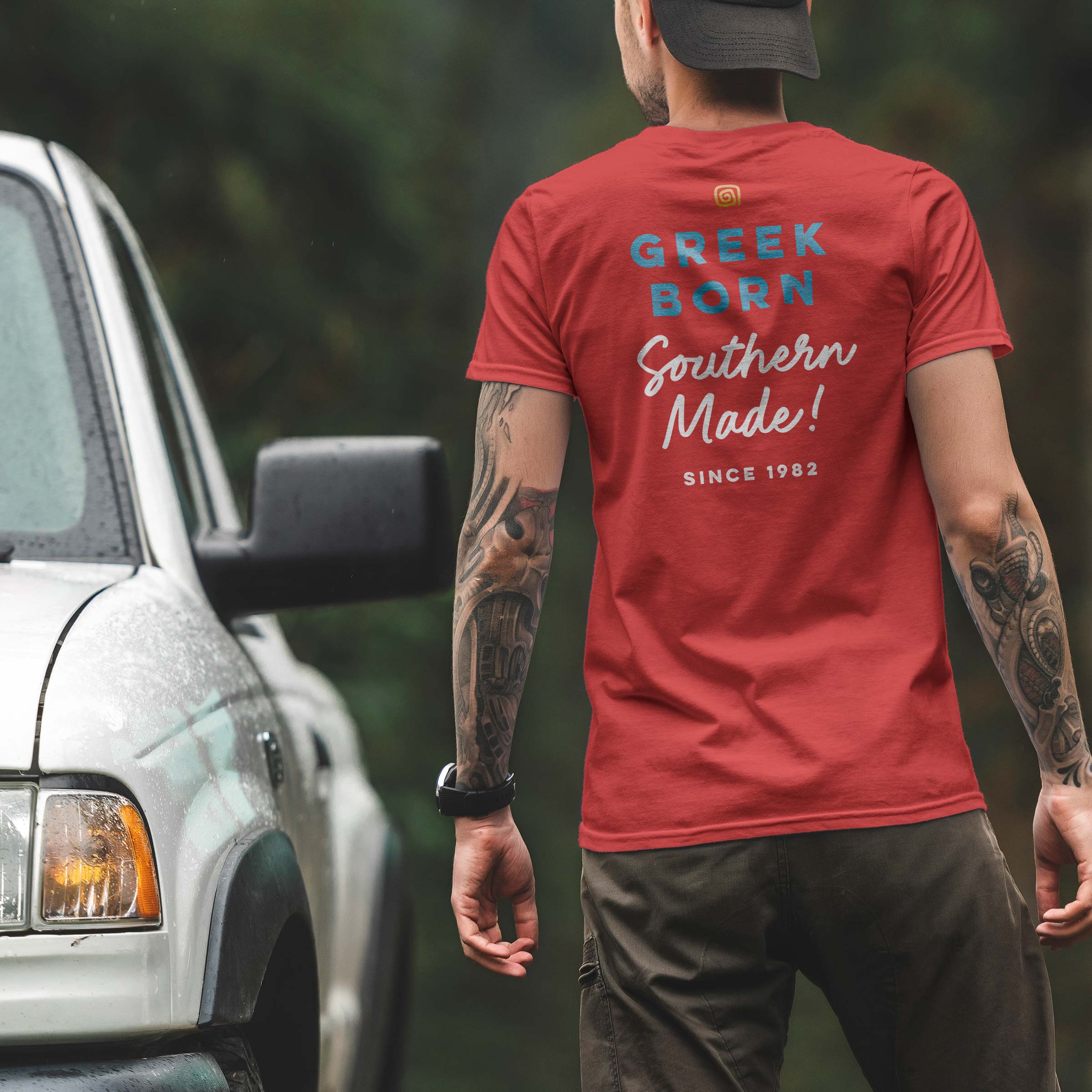 Greek Born Southern Made tee - Greek heritage t-shirt honoring founder Mr. C's journey from Greece to the Carolinas