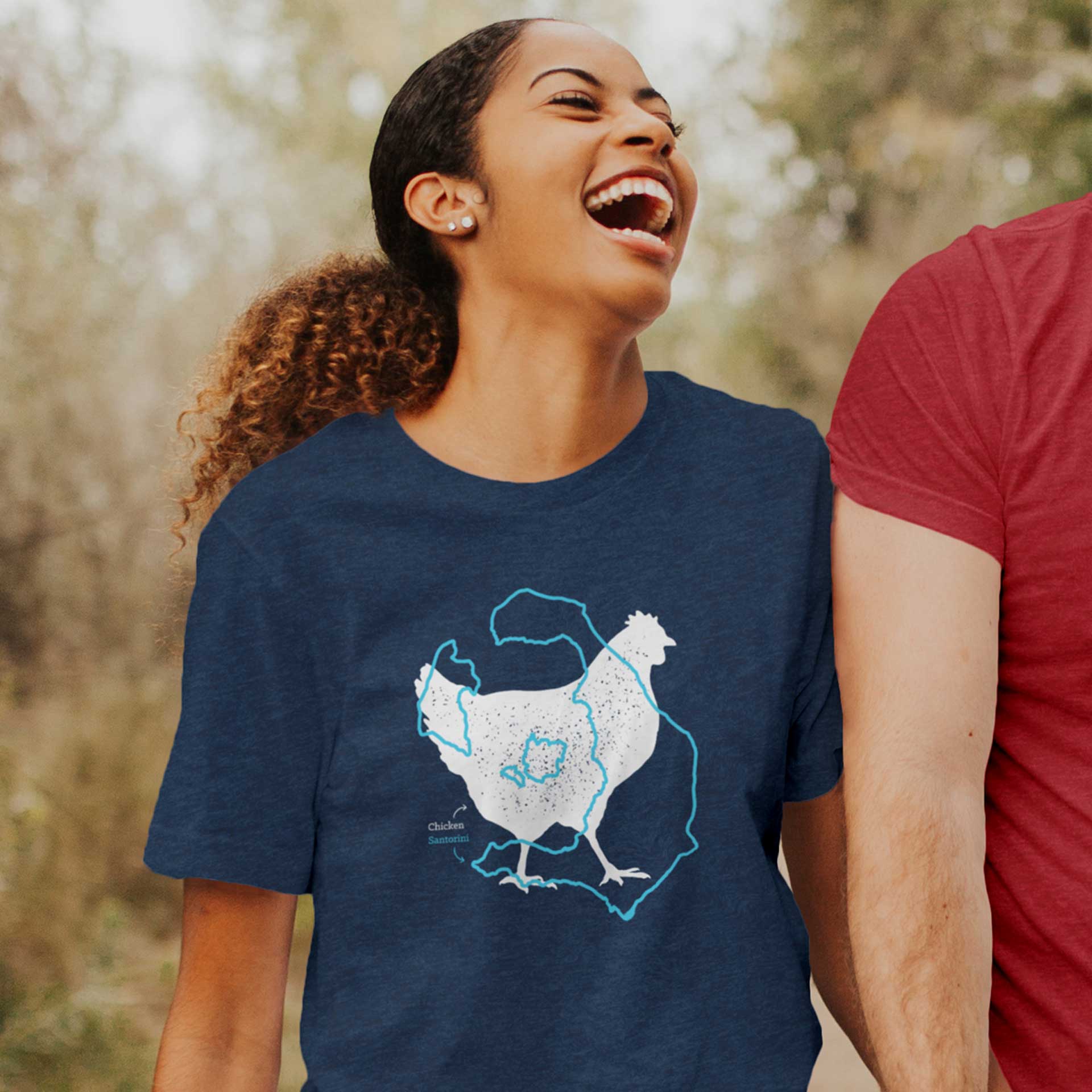 Chicken Santorini tee - chicken outline with the island of Santorini hidden inside the design