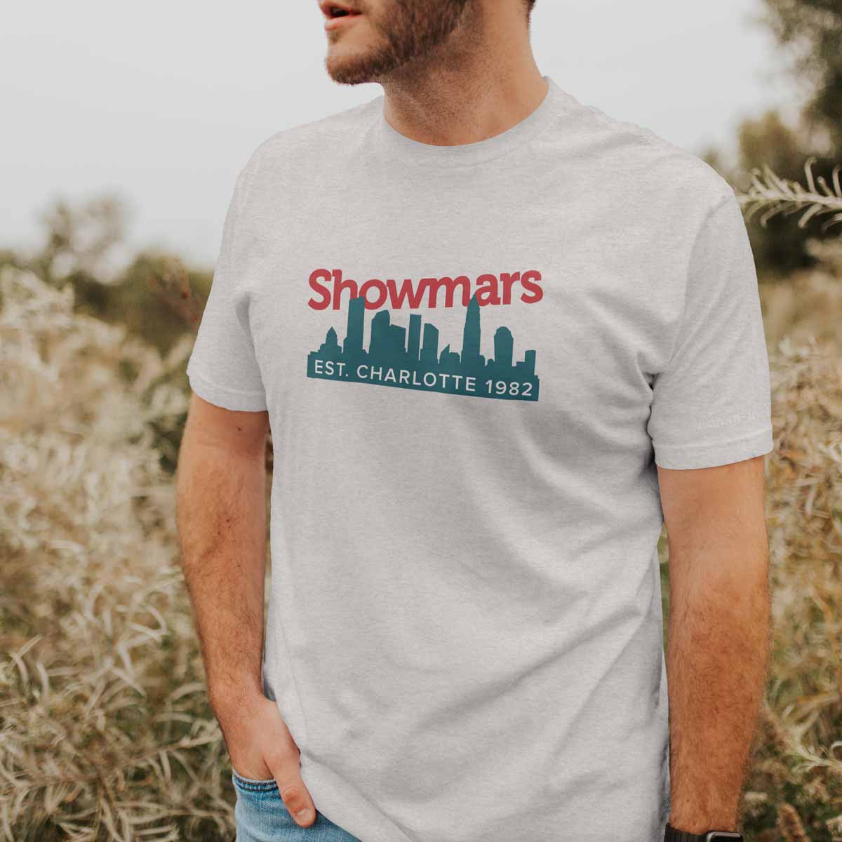 Showmars CLT Skyline tee - Charlotte skyline t-shirt with rising Showmars word mark