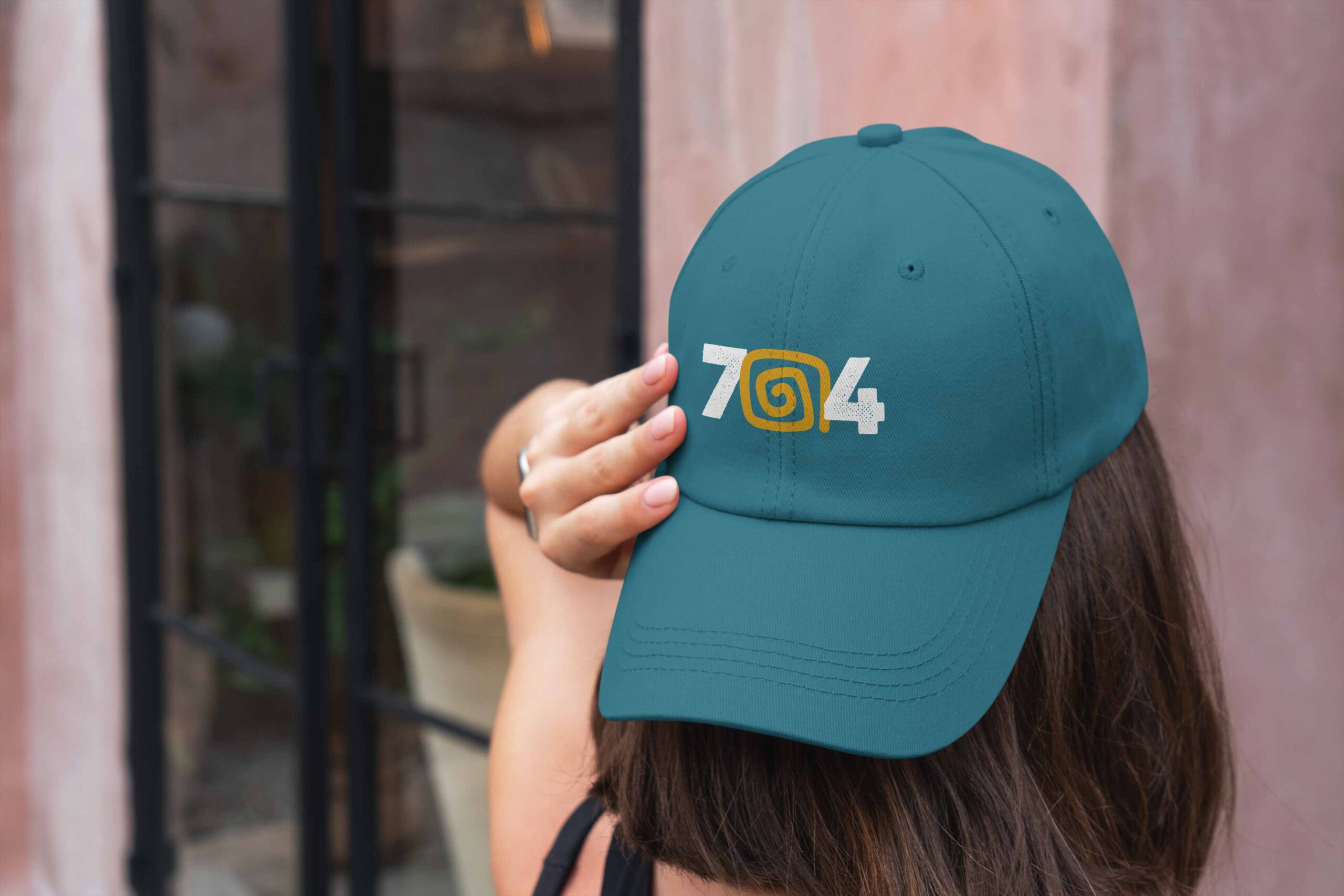 704 Hat - Charlotte 704 hat in Southern Blue with white numbers and gold Showmars Greek key